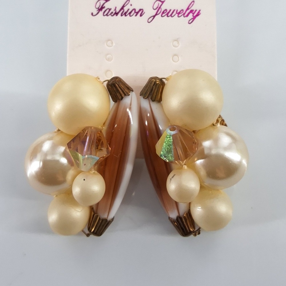 Vintage Taiwan Faux Pearl AB Crystal Marquise Marbled Cluster Clip‎ On Earrings